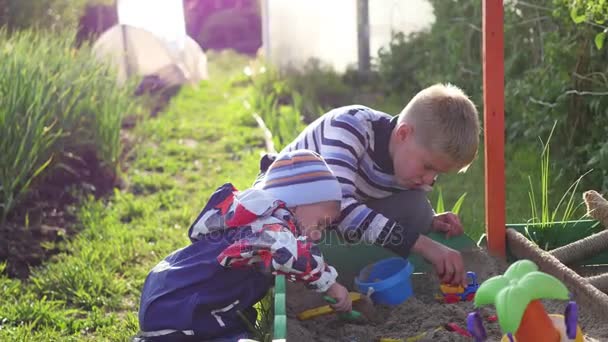 Børn leger med legetøj i sandkassen. Underholdning og udendørs spil. Sommersolskinsdag – Stock-video