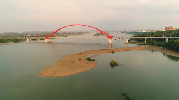 drone flight over the river. cable-stayed bridge.beautiful landscape