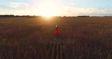 Kaçarken buğday bir alanda gün batımında elbiseli bir genç kız. Bir dron--dan ateş. Spor açık havada