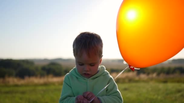 Leuke jongen permanent met ballonnen in veld — Stockvideo