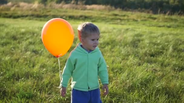 Lindo chico de pie con globos en el campo — Vídeo de stock