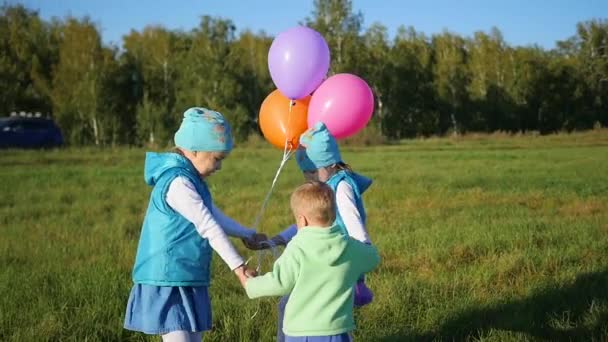 Счастливые дети, держащиеся за руки в парке с воздушными шарами. Детский отдых на свежем воздухе — стоковое видео