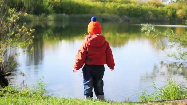 Een kind staat aan de oever van de vijver en de foute stenen. Wandelingen in de frisse lucht — Stockvideo
