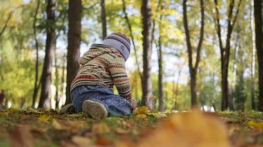 Sonbaharda çocuk eğlence parkı yaprakları ile oynarken temiz havada yürür