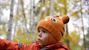 Sonbaharda çocuk Park oynamak ve gülmek, temiz havada yürüyüş eğleniyor