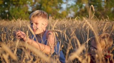 Buğday tarlasında çocuklar hazır. Çocuk kulak buğday tutan