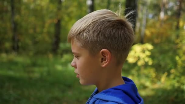 un bel enfant se promène le long de l'allée dans le parc. Activités de plein air 