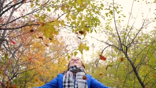 Mädchen im Herbstpark wirft gelbe Blätter ab. lachend und lächelnd glückliches Mädchen — Stockvideo