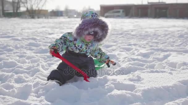 Uma criança brincando com a neve no inverno Park. Dia de inverno ensolarado. Diversão e jogos ao ar livre . — Vídeo de Stock