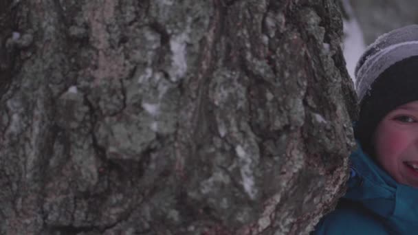 Підліток у зимовий парку, стояв біля дерева, посміхаючись і, дивлячись на камеру — стокове відео