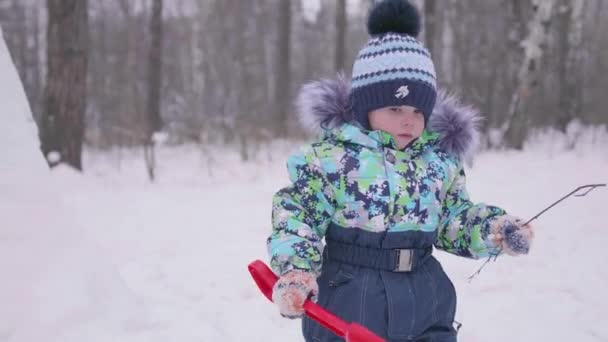 Un niño jugando con nieve en el parque de invierno. Día soleado de inviernos. Diversión y juegos al aire libre . — Vídeo de stock