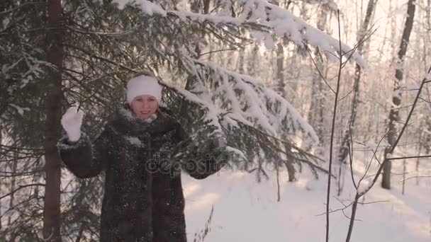 Дівчина гуляє в зимовому парку. Скидає сніг з дерев. Розваги на відкритому повітрі взимку — стокове відео