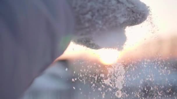 Ein Mädchen wirft im Winterpark einen Schnee. Hände aus nächster Nähe auf dem Hintergrund des Sonnenuntergangs — Stockvideo