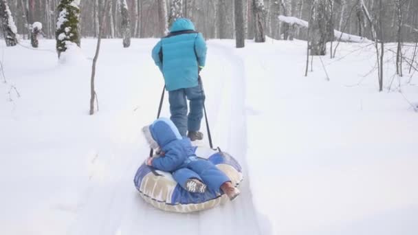 Δύο παιδιά με τα πόδια το χειμώνα πάρκο. Ιππασία σε ένα έλκηθρο. Υπαίθριες δραστηριότητες και το περπάτημα — Αρχείο Βίντεο