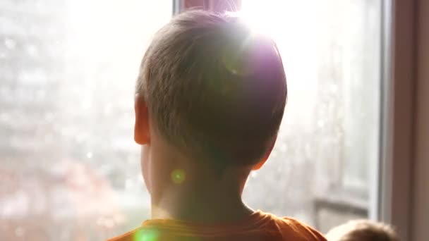 Sunny winters day. A young guy stands next to the window and looks at the falling snow — Stock Video