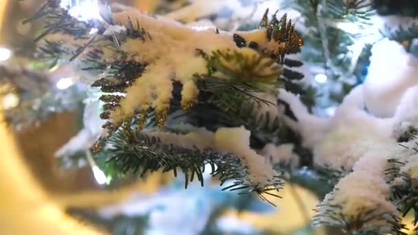 Albero di Natale di strada. Palline di Natale, ghirlande e decorazioni su abeti rossi — Video Stock