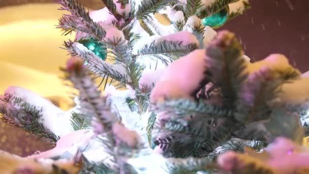 Straat kerstboom. Kerstballen, slingers en decoraties op vuren bomen — Stockvideo