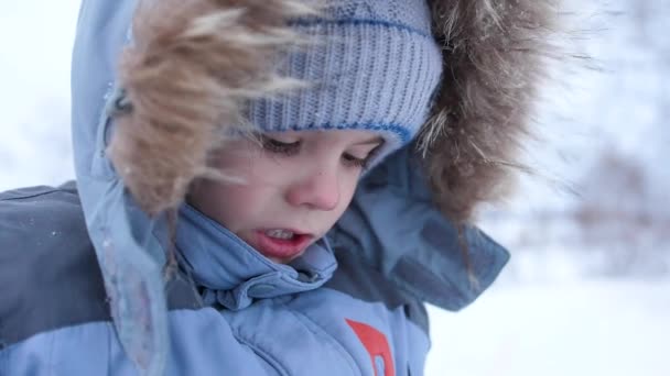 Een klein kind wandelingen in het Park van de winter. Spelen en lachende baby op witte pluizige sneeuw. Gezicht close-up. Actieve rust en games. — Stockvideo