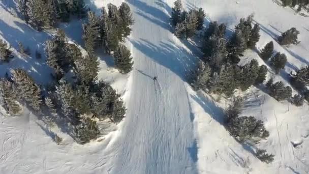 Skidbacke. Skidåkare och snowboardåkare rullar nerför banan. Flygfoto av en skidåkare nedför en bred skidbacke — Stockvideo