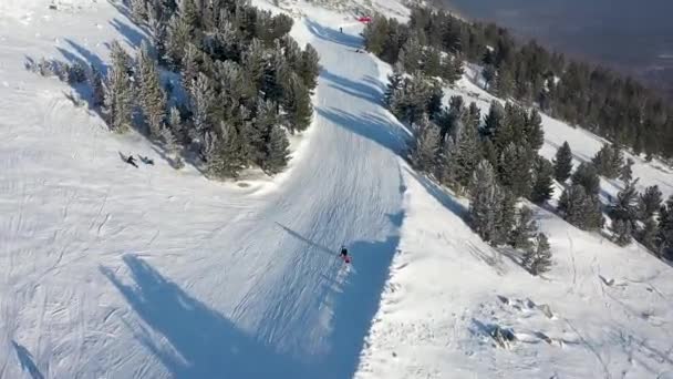 Declive de esqui. Esquiadores e snowboarders rolar para baixo da pista. Fotografia aérea de um esquiador descendo uma grande pista de esqui — Vídeo de Stock