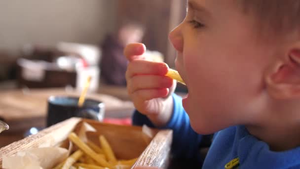 Un niño en un café de comida rápida come papas fritas en un plato. Cara de cerca. Rodajas de patata fritas en aceite — Vídeos de Stock