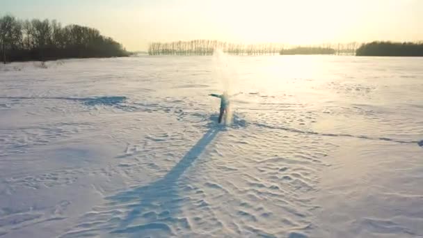 La ragazza cammina in boschi invernali, lancia la neve, sorride, ride. Passeggiate all'aria aperta . — Video Stock