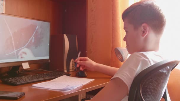 O aluno assiste a aula on-line e aprende em casa. Um jovem faz os trabalhos de casa enquanto olha para a tela do computador. Educação escolar . — Vídeo de Stock