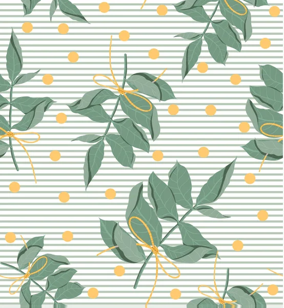 Foliage natural branches with green leaves seamless pattern. Vector decorative beautiful elegant illustration light blue striped background — Free Stock Photo