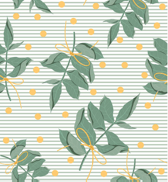 Foliage natural branches with green leaves seamless pattern. Vector decorative beautiful elegant illustration light blue striped background — Stock Illustration Foliage natural branches with green leaves seamless pattern. Vector decorative beautiful elegant illustration light blue striped background — Stock Vector