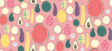 Kusursuz meyve ve sebzeler vejetaryen yemek kalıbı, vektör vegan pembe arka plan.