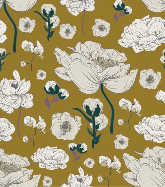 Vektör olarak kusursuz çiçek deseni. Trend renkleri Sonbahar 2017, altın kireç, gölgeli ladin.