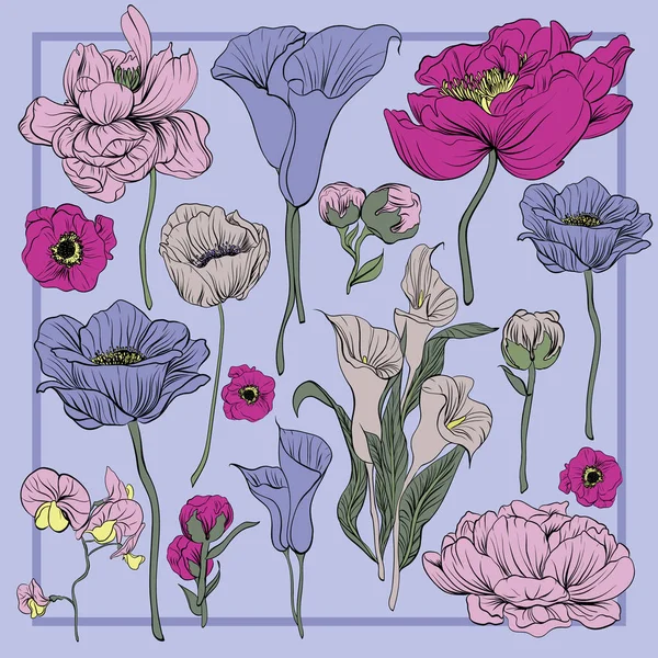 Bunter Seidenschal mit blühendem Mohn, Orchideen und Pfingstrosen. grün, rosa, violett auf violett. — Stockvektor