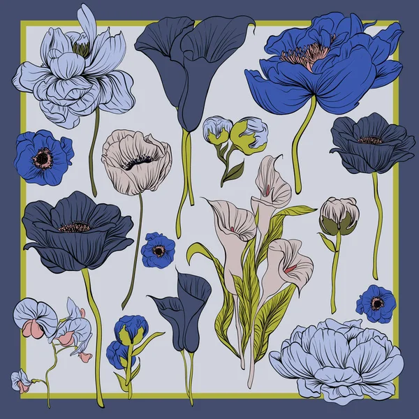 Bunter Seidenschal mit blühendem Mohn, Orchideen und Pfingstrosen. schwarz, blau, violett auf blau. — Stockvektor