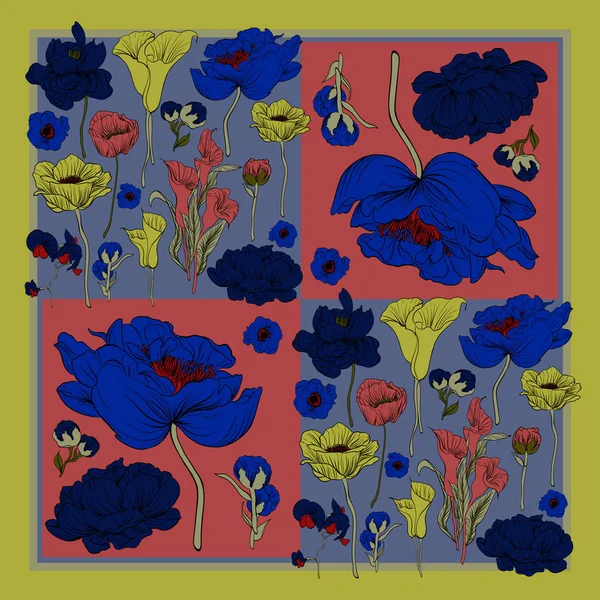 Sciarpa di seta colorata con papaveri fioriti, orchidee e peonie. Nero, blu, verde e arancione . — Vettoriale Stock