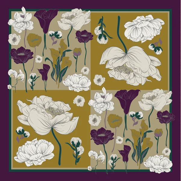 Sciarpa di seta colorata con papaveri fioriti, orchidee e peonie. Nero, bordeaux, beige su colore senape — Vettoriale Stock