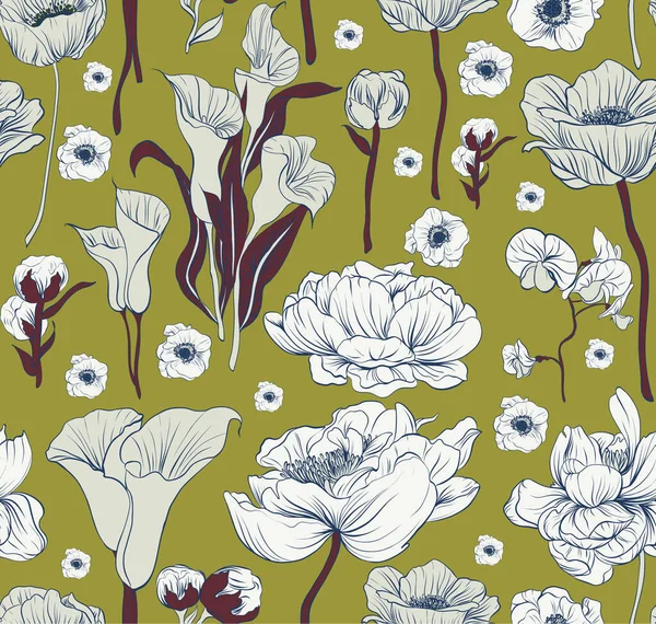Απρόσκοπτη Floral Pattern σε διάνυσμα. Χρώματα Trend Φθινόπωρο 2017: Χρυσός ασβέστης, Γρεναδίνη, λιμάνι Tawny — Διανυσματικό Αρχείο