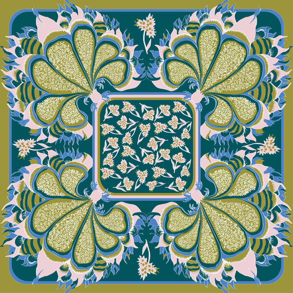 Spring retro floral print. Silk scarf vector graphics.