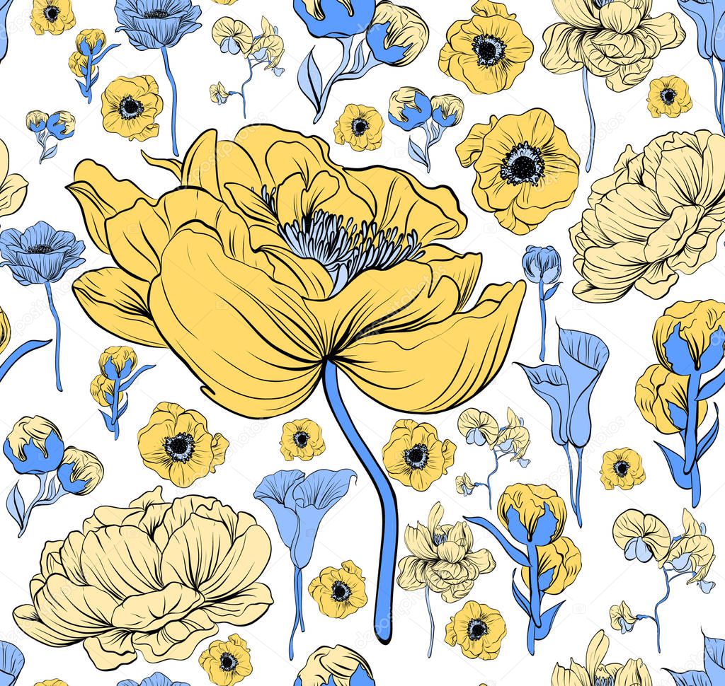 Colorful pattern with flowering poppie, orhid and peonies. Black, blue, yellow on white.