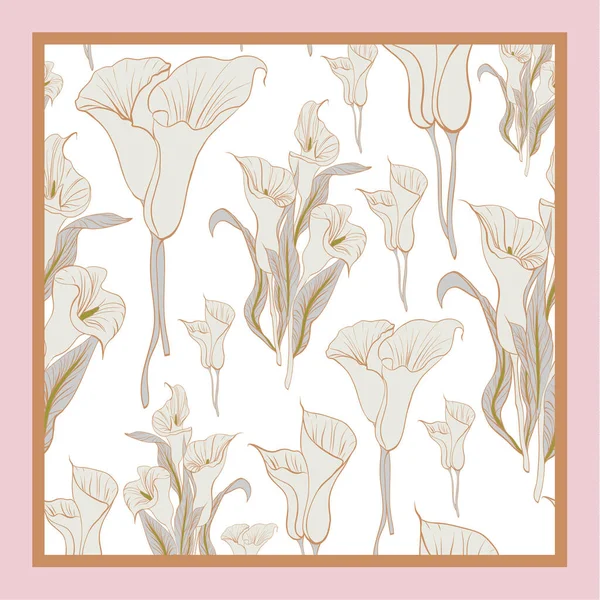 Delikata fÃ ¤rger av silke halsduk med blommande callas. Beige rosa på vit bakgrund. Batik-teknik — Stock vektor