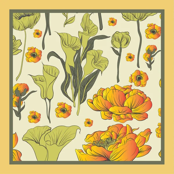 Colori delicati di sciarpa di seta con fioritura. Arancione, verde e — Vettoriale Stock