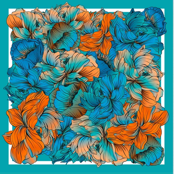 Çiçekli şakayıklı ipek eşarbın zarif renkleri. Pembe, mavi, mor ve beyaz. Batik tekniği