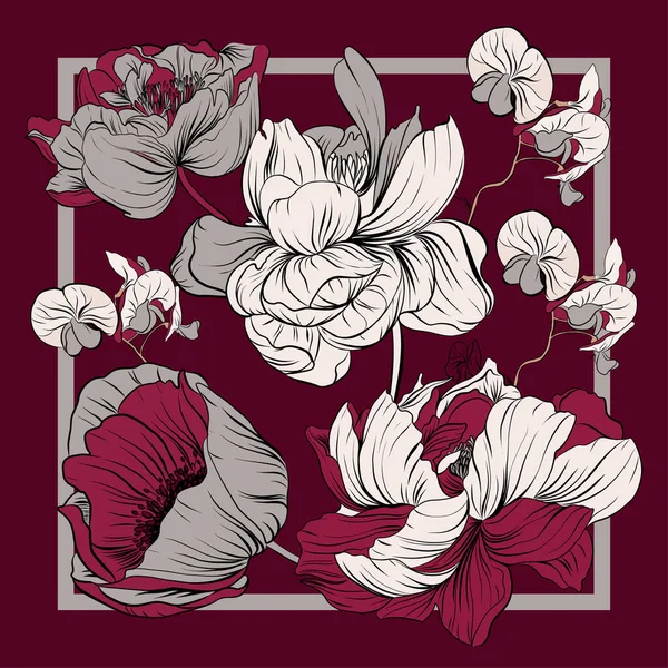 Çiçekli haşhaş, orkide ve şakayıklı renkli ipek eşarp..