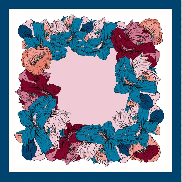 Kolorowy jedwabny szalik z kwitnącym makiem i piwoniami. Biały, niebieski, fioletowy na różowy. — Wektor stockowy