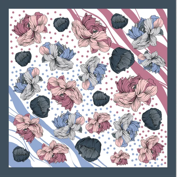 화려 한 비단 스카프에 꽃피는 파피와 고추가 그려져 있다. 분홍색, 파란색, 흰색 보라색. 바틱 기술 — 스톡 벡터