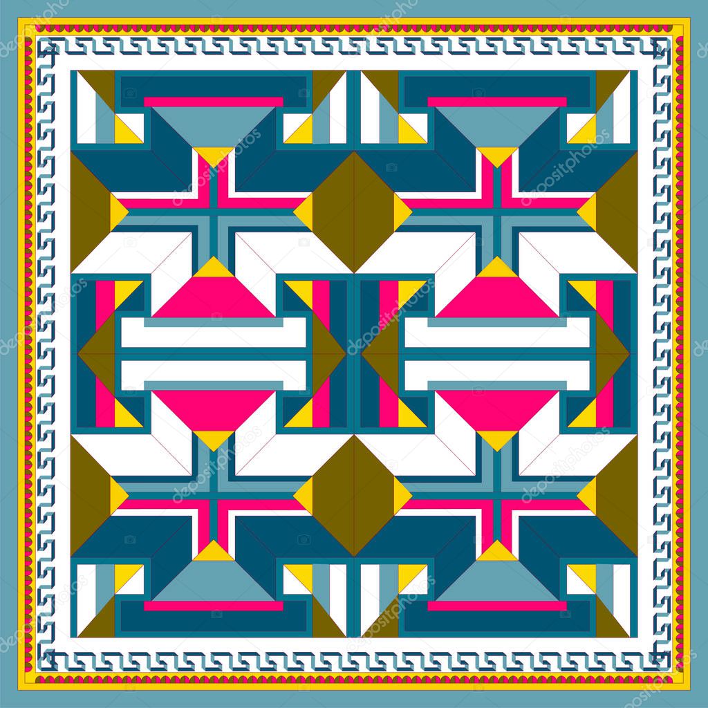 Silk scarf with a geometric pattern. Square vector
