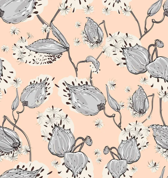 Vector floral design with asclepias syriaca on pale pink background — 스톡 벡터