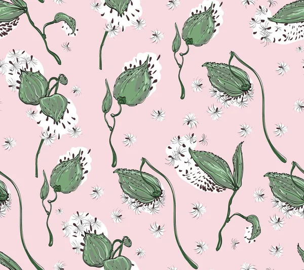 Διάνυσμα floral σχέδιο με asclepias syriaca σε ανοιχτό ροζ φόντο — Διανυσματικό Αρχείο