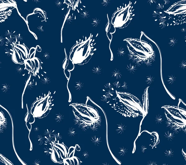 Vektor blommig design med silhuett asclepias syriaca på mörkblå bakgrund — Stock vektor