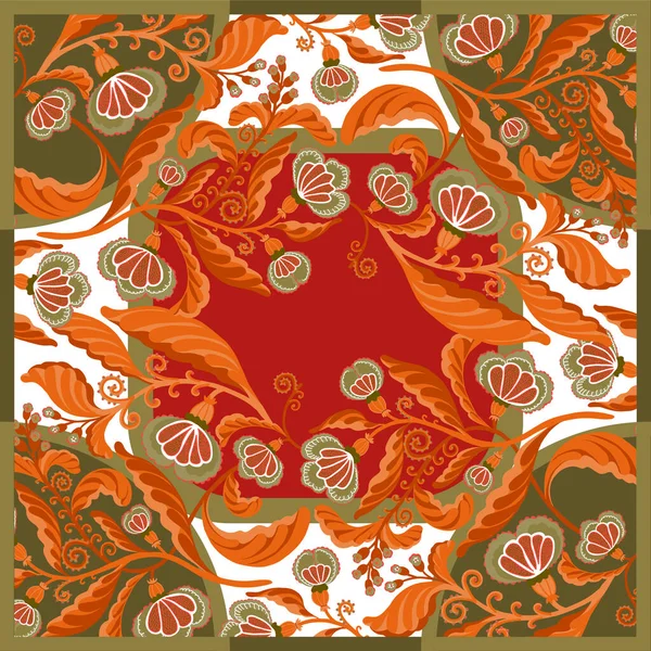 Soyut çiçek desenli ipek eşarp elle çizilmiş çiçek elementleriyle vektör deseni.