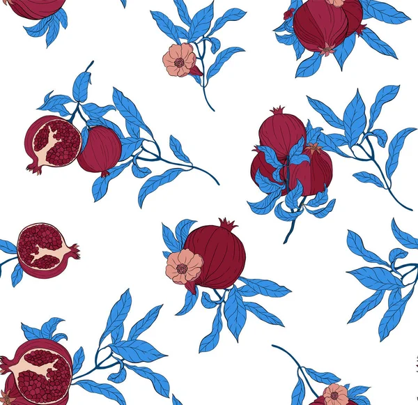 Vector seamless pattern with pomegranate fruits and seeds on white background. — 스톡 벡터